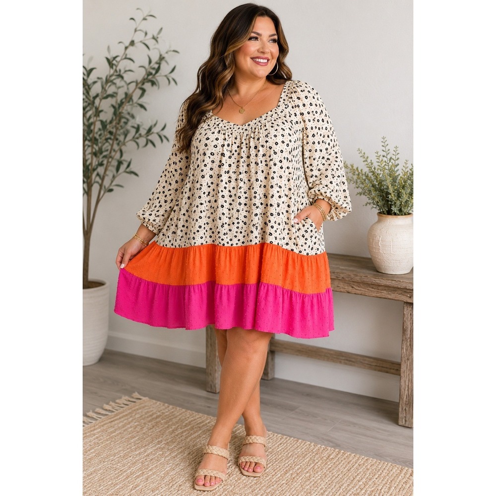 Oddi Womens 2XL Floral Swiss Dot Tiered Mini Dress Square Neck Puff Sleeve Pink